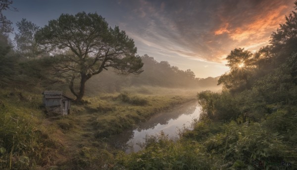 outdoors,sky,cloud,water,tree,no humans,sunlight,cloudy sky,grass,ground vehicle,nature,scenery,motor vehicle,forest,sunset,mountain,sun,landscape,reflection,house,evening