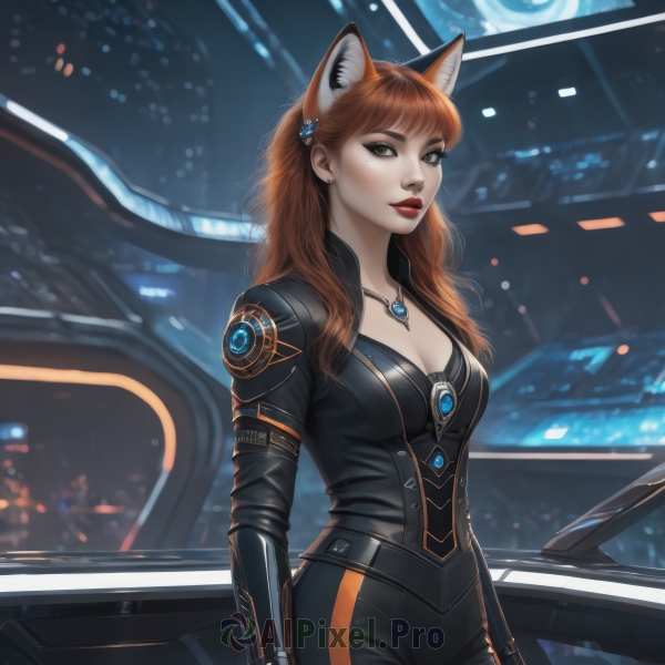 1girl,solo,long hair,breasts,looking at viewer,bangs,brown hair,hair ornament,animal ears,cleavage,brown eyes,jewelry,medium breasts,green eyes,earrings,artist name,cat ears,necklace,orange hair,mole,lips,fox ears,mole under eye,bodysuit,makeup,lipstick,ground vehicle,gem,motor vehicle,extra ears,pendant,freckles,science fiction,black bodysuit,red lips,car,gloves,standing,red hair,signature,fox girl,realistic