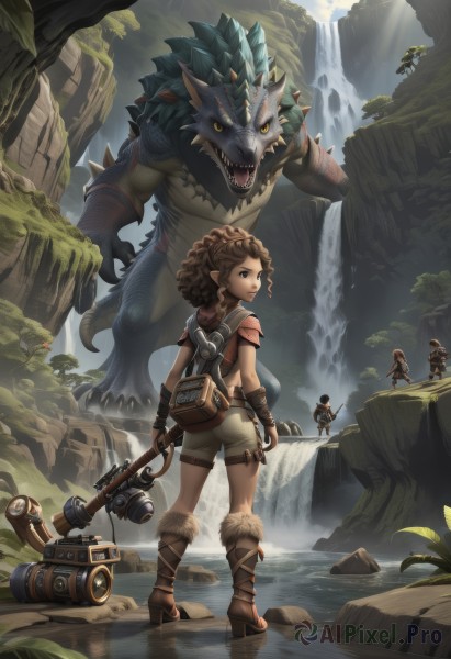 1girl,long hair,short hair,multiple girls,brown hair,gloves,holding,brown eyes,standing,yellow eyes,weapon,boots,outdoors,multiple boys,horns,shorts,solo focus,pointy ears,looking back,fingerless gloves,water,bag,from behind,tree,fur trim,brown footwear,sunlight,backpack,nature,forest,curly hair,monster,pouch,fantasy,dragon,size difference,hammer,river,waterfall,binoculars,satchel,cliff,open mouth,blue eyes,ass,teeth,sword,armor,knee boots,3boys,bow (weapon),camera