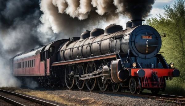 weapon,outdoors,sky,day,cloud,tree,military,no humans,grass,ground vehicle,nature,motor vehicle,forest,smoke,military vehicle,tank,vehicle focus,machine gun,train,caterpillar tracks,world war ii,railroad tracks,multiple boys,gun,damaged