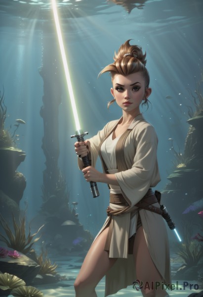 1girl,solo,breasts,looking at viewer,brown hair,holding,brown eyes,medium breasts,standing,ponytail,weapon,parted lips,belt,sword,artist name,signature,water,holding weapon,lips,holding sword,sunlight,sheath,wading,fish,science fiction,robe,light rays,rock,underwater,fantasy,sunbeam,hair pulled back,topknot,energy sword,coral,seaweed,lightsaber,blonde hair,jewelry,earrings,realistic