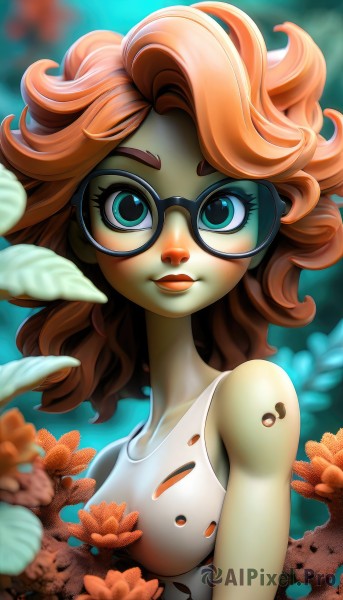 1girl,solo,long hair,breasts,looking at viewer,blue eyes,brown hair,bare shoulders,medium breasts,green eyes,collarbone,upper body,flower,red hair,small breasts,glasses,artist name,orange hair,blurry,aqua eyes,lips,eyelashes,makeup,colored skin,watermark,tank top,freckles,black-framed eyewear,curly hair,underwater,nose,smile,sleeveless,torn clothes,tattoo,leaf,web address