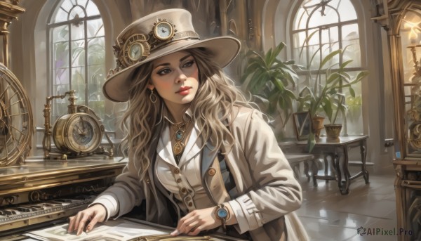 1girl,solo,long hair,breasts,blonde hair,brown hair,shirt,long sleeves,hat,brown eyes,jewelry,medium breasts,sitting,closed mouth,jacket,white shirt,upper body,earrings,parted lips,open clothes,collared shirt,indoors,necklace,vest,open jacket,lips,coat,looking to the side,grey eyes,book,eyelashes,window,makeup,buttons,wavy hair,chair,looking away,table,sunlight,ring,plant,goggles,desk,pendant,freckles,curly hair,watch,open coat,hoop earrings,paper,nose,brown headwear,clock,white coat,tiles,red lips,wristwatch,potted plant,lamp,tile floor,brown vest,gears,pocket watch,map,goggles on headwear,steampunk,looking at viewer,day,artist name,nail polish,mole,lipstick,mascara,analog clock