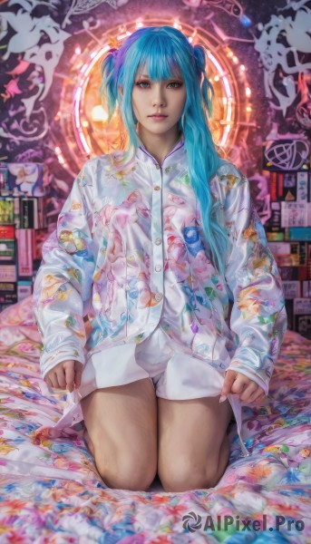 1girl,solo,long hair,looking at viewer,bangs,blue eyes,shirt,hair ornament,long sleeves,sitting,underwear,blue hair,panties,full body,white shirt,blunt bangs,two side up,lips,sleeves past wrists,book,kneeling,aqua hair,seiza,pajamas,realistic,nose,clock,bookshelf,twintails,watermark,floral print