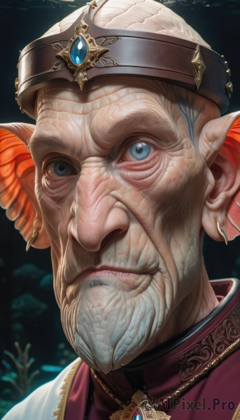 solo,looking at viewer,blue eyes,1boy,jewelry,closed mouth,white hair,male focus,pointy ears,necklace,facial hair,cross,gem,portrait,beard,fish,underwater,realistic,old,old man,wrinkled skin,hat,earrings,blurry,coral