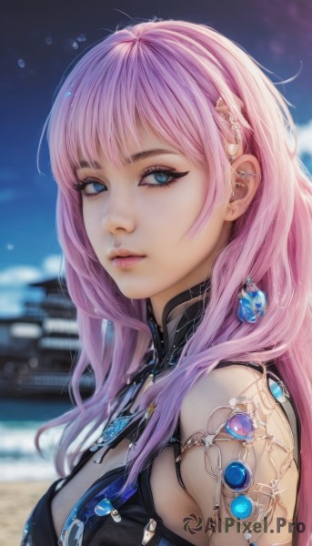 1girl,solo,long hair,breasts,looking at viewer,bangs,blue eyes,hair ornament,jewelry,medium breasts,closed mouth,upper body,pink hair,earrings,outdoors,sky,sleeveless,day,blurry,from side,lips,eyelashes,makeup,depth of field,blurry background,piercing,gem,armlet,pink lips,realistic,nose,blue gemstone,mascara,bare shoulders,parted lips,artist name,necklace,ear piercing