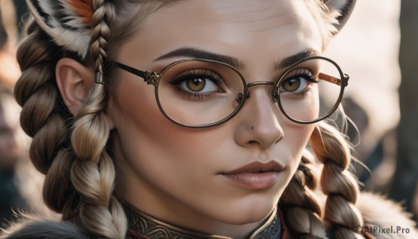 1girl,solo,long hair,looking at viewer,brown hair,hair ornament,animal ears,brown eyes,closed mouth,braid,white hair,multicolored hair,glasses,artist name,blurry,twin braids,two-tone hair,lips,eyelashes,depth of field,blurry background,feathers,portrait,close-up,freckles,black-framed eyewear,realistic,nose,round eyewear,brown-framed eyewear,multiple braids,dark skin,forehead