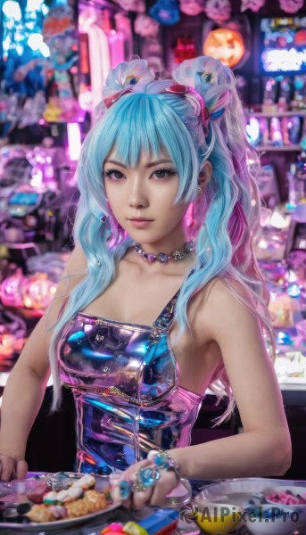 1girl,solo,long hair,breasts,looking at viewer,bangs,hair ornament,dress,bare shoulders,twintails,brown eyes,jewelry,medium breasts,blue hair,collarbone,upper body,pink hair,multicolored hair,earrings,food,sleeveless,necklace,blurry,bracelet,cup,lips,aqua hair,blurry background,ring,realistic,nose,choker,artist name,nail polish,cosplay,gradient hair,depth of field,watermark,plate,drinking glass