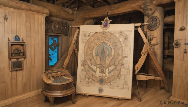 indoors,no humans,window,gem,scenery,wooden floor,fantasy,door,clock,scroll,gears,map,still life,barrel,wooden wall,steampunk,crate,wood,weapon,sword,book,knife,candle,dagger,candlestand,weighing scale