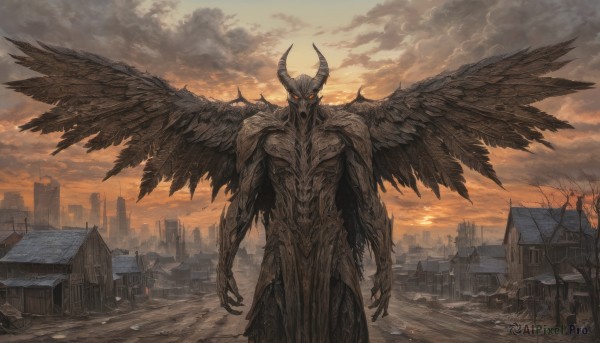 solo,looking at viewer,red eyes,1boy,standing,outdoors,wings,horns,sky,cloud,tree,no humans,glowing,cloudy sky,building,scenery,glowing eyes,claws,black wings,sunset,monster,city,fantasy,giant,demon,feathered wings,demon wings,cityscape,ruins,power lines,multiple wings,destruction