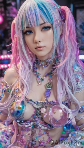 1girl,solo,long hair,breasts,looking at viewer,bangs,blue eyes,hair ornament,navel,bare shoulders,twintails,jewelry,medium breasts,closed mouth,blue hair,swimsuit,upper body,pink hair,bikini,multicolored hair,blunt bangs,necklace,blurry,bracelet,two-tone hair,lips,streaked hair,blurry background,piercing,gem,beads,realistic,cleavage,underwear,white hair,choker,artist name,bra,eyelashes,makeup,depth of field,watermark,web address,armlet,eyeshadow,pink lips,nose,mascara,pearl (gemstone)