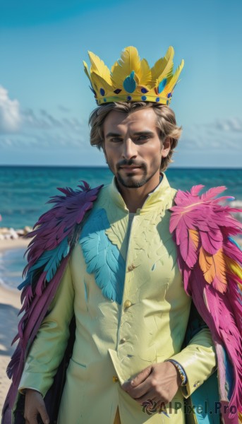 solo,looking at viewer,smile,brown hair,long sleeves,1boy,brown eyes,closed mouth,standing,jacket,upper body,male focus,outdoors,sky,day,water,cape,blurry,blue sky,buttons,blurry background,facial hair,ocean,beach,formal,feathers,crown,beard,watch,realistic,mustache,wristwatch,short hair,blonde hair,shirt,vest,lips,coat