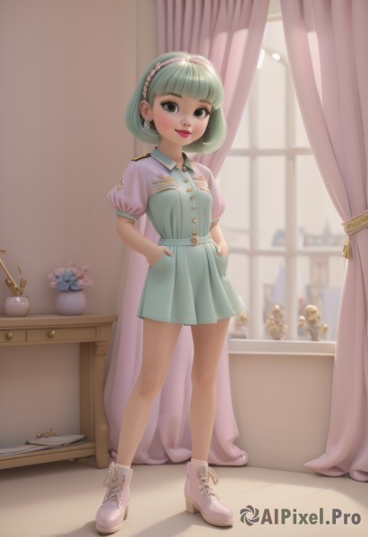 1girl,solo,breasts,looking at viewer,smile,short hair,bangs,skirt,dress,brown eyes,jewelry,closed mouth,standing,full body,flower,short sleeves,hairband,earrings,small breasts,boots,green hair,shoes,puffy sleeves,indoors,blunt bangs,nail polish,blurry,black eyes,high heels,puffy short sleeves,lips,book,window,makeup,buttons,depth of field,blurry background,stuffed toy,white footwear,stuffed animal,lipstick,curtains,desk,cross-laced footwear,high heel boots,hands on hips,teddy bear,hands in pockets,pink footwear,red lips,ankle boots,green nails,vase,pink hairband,lamp