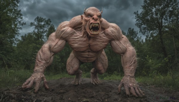 solo,looking at viewer,open mouth,1boy,full body,male focus,outdoors,horns,sky,teeth,cloud,tree,no humans,muscular,fangs,cloudy sky,sharp teeth,all fours,nature,forest,veins,monster,realistic,horror (theme),standing,nude,grass,bald