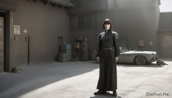 1girl,solo,breasts,looking at viewer,short hair,bangs,brown hair,black hair,long sleeves,brown eyes,closed mouth,standing,outdoors,shoes,solo focus,day,belt,black footwear,black dress,coat,sunlight,ground vehicle,building,box,motor vehicle,black coat,car,full body,bob cut,robe,road,motorcycle,street,alley,black robe