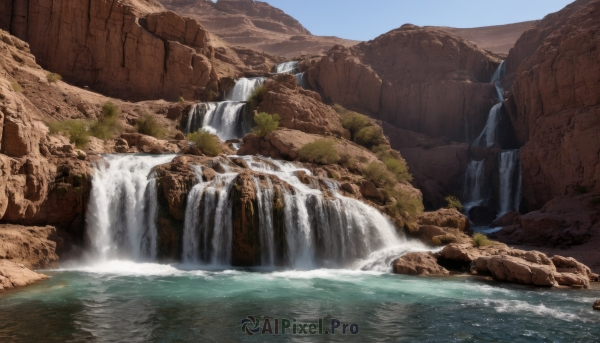 outdoors,sky,day,water,tree,blue sky,no humans,nature,scenery,rock,mountain,river,waterfall,landscape,cliff,forest