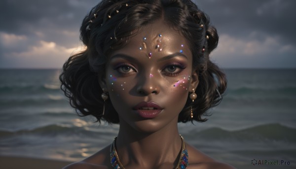 1girl,solo,looking at viewer,short hair,brown hair,black hair,bare shoulders,jewelry,collarbone,earrings,outdoors,parted lips,sky,teeth,day,cloud,dark skin,water,necklace,blurry,black eyes,dark-skinned female,lips,grey eyes,eyelashes,makeup,depth of field,blurry background,ocean,beach,cloudy sky,gem,portrait,freckles,curly hair,circlet,realistic,nose,very dark skin,eyeshadow