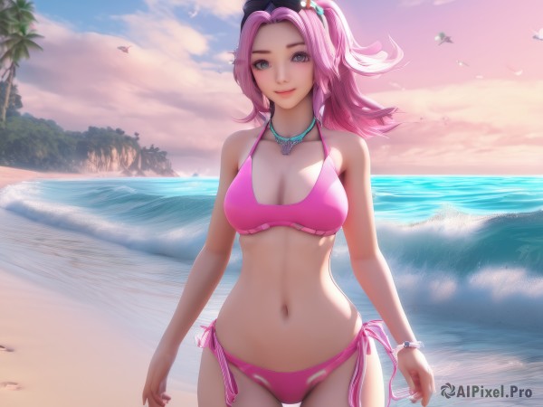 1girl,solo,long hair,breasts,looking at viewer,smile,large breasts,hair ornament,navel,cleavage,bare shoulders,jewelry,medium breasts,closed mouth,standing,collarbone,swimsuit,ponytail,pink hair,bikini,cowboy shot,outdoors,sky,day,artist name,cloud,water,necklace,stomach,bracelet,tree,lips,grey eyes,side-tie bikini bottom,bird,ocean,halterneck,watermark,beach,sunglasses,web address,eyewear on head,beads,sunset,pink lips,sand,palm tree,arms at sides,pink bikini,bead bracelet,shore,blue eyes,hat,multicolored hair,signature,two-tone hair,cloudy sky,waves