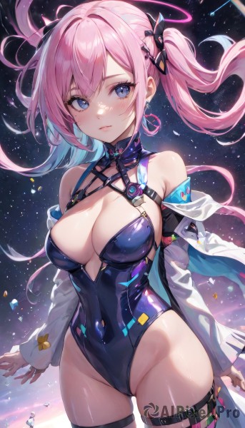 1girl,solo,long hair,breasts,looking at viewer,blush,bangs,blue eyes,large breasts,hair ornament,thighhighs,long sleeves,cleavage,bare shoulders,twintails,jewelry,closed mouth,blue hair,standing,jacket,pink hair,sidelocks,thighs,multicolored hair,cowboy shot,earrings,parted lips,open clothes,sky,hairclip,off shoulder,two-tone hair,leotard,open jacket,groin,covered navel,skindentation,thigh strap,floating hair,cameltoe,halterneck,highleg,halo,white jacket,single thighhigh,star (sky),black leotard,highleg leotard,starry sky,colored inner hair,blue leotard,harness,purple eyes,lips,gradient hair,detached collar,hoop earrings,armpit crease