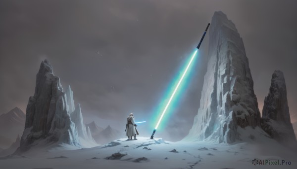 solo,long hair,1boy,holding,standing,weapon,male focus,outdoors,sky,sword,cloud,from behind,holding weapon,armor,glowing,holding sword,star (sky),scenery,snow,rock,mountain,glowing weapon,energy sword,glowing sword,lightsaber,gloves,boots,hood,cloudy sky,science fiction,wide shot,landscape,fog,grey sky