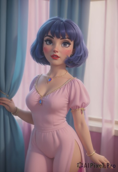 1girl,solo,breasts,looking at viewer,blush,smile,short hair,bangs,blue eyes,dress,cleavage,jewelry,medium breasts,blue hair,standing,collarbone,purple hair,short sleeves,cowboy shot,earrings,parted lips,teeth,puffy sleeves,artist name,indoors,dark skin,necklace,nail polish,bracelet,dark-skinned female,puffy short sleeves,lips,see-through,grey eyes,eyelashes,makeup,facial mark,bob cut,lipstick,curtains,gem,pink dress,side slit,pendant,pink lips,red lips,bangle,nightgown,black hair,pants,black eyes,window,thick eyebrows,curtain grab