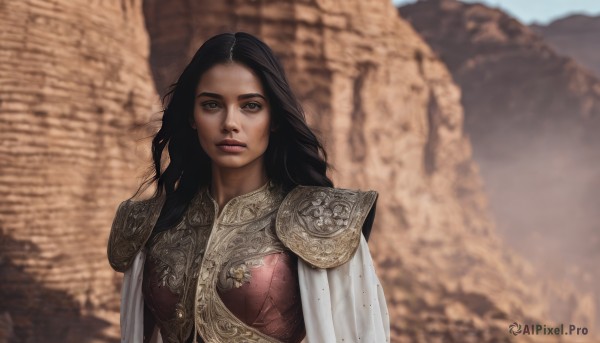 1girl,solo,long hair,looking at viewer,black hair,brown eyes,upper body,outdoors,parted lips,cape,armor,blurry,lips,blurry background,shoulder armor,pauldrons,breastplate,realistic,white cape,day,mountain,desert