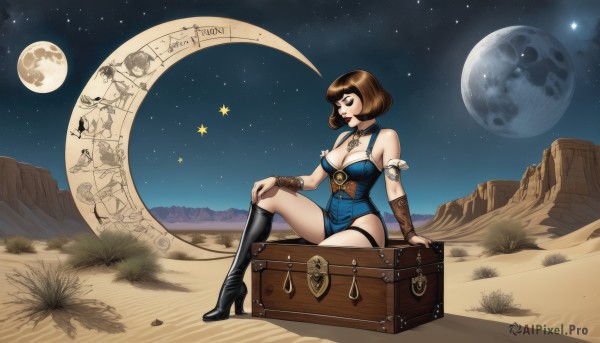 1girl,solo,breasts,short hair,large breasts,brown hair,cleavage,bare shoulders,jewelry,medium breasts,sitting,underwear,full body,closed eyes,boots,outdoors,sky,choker,necklace,star (symbol),black footwear,high heels,lips,makeup,night,moon,bob cut,knee boots,lipstick,star (sky),night sky,corset,full moon,eyeshadow,high heel boots,starry sky,nose,hand on own knee,crescent moon,planet,desert,treasure chest,thigh strap,bracer