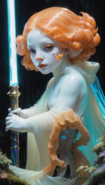 1girl,solo,looking at viewer,short hair,blue eyes,dress,holding,weapon,flower,sword,hood,holding weapon,white dress,orange hair,from side,lips,makeup,glowing,colored skin,facial mark,holding sword,curly hair,robe,nose,blue skin,glowing weapon,energy sword,glowing sword,lightsaber,orange skin,gloves,parted lips,cape,leaf,plant,lipstick,pale skin,realistic,facepaint