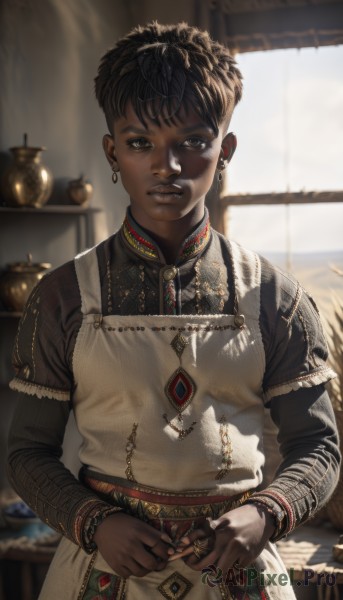 1girl,solo,looking at viewer,short hair,black hair,long sleeves,brown eyes,jewelry,standing,upper body,earrings,parted lips,day,belt,indoors,dark skin,necklace,blurry,black eyes,apron,bracelet,dark-skinned female,lips,window,depth of field,blurry background,sunlight,ring,realistic,nose,layered sleeves,very short hair,short over long sleeves,very dark skin,dress,piercing