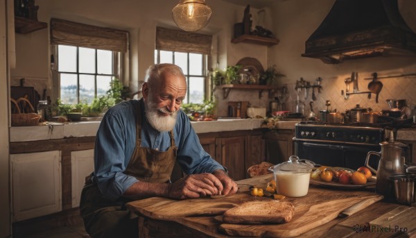 solo,shirt,long sleeves,1boy,sitting,white hair,male focus,food,day,collared shirt,indoors,apron,cup,window,fruit,facial hair,scar,chair,table,bottle,blue shirt,knife,plant,beard,sleeves rolled up,mustache,apple,basket,lamp,bread,old,old man,kitchen,jar,counter,wrinkled skin,cutting board,closed mouth,closed eyes,pants,realistic,bald,orange (fruit)