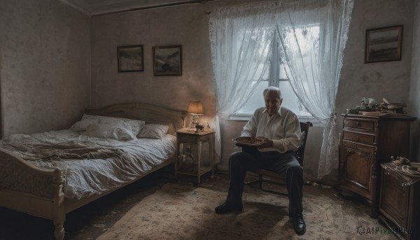 solo,brown hair,shirt,1boy,sitting,white shirt,male focus,food,shoes,pants,indoors,dark skin,black footwear,cup,pillow,book,window,bed,facial hair,on bed,chair,black pants,table,curtains,scenery,beard,plate,tray,lamp,photo (object),bedroom,painting (object),drawer,chest of drawers,reading,bald,old,old man