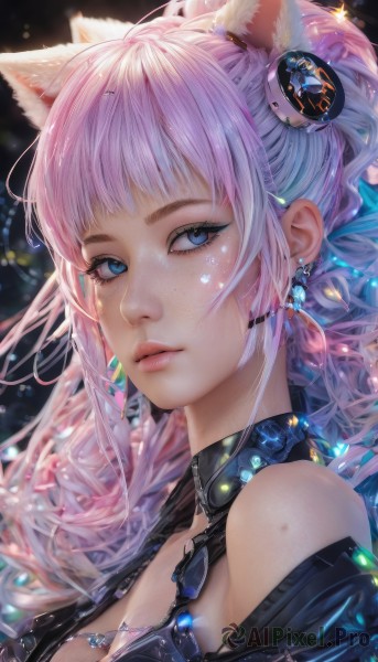 1girl,solo,long hair,breasts,looking at viewer,bangs,blue eyes,hair ornament,animal ears,cleavage,bare shoulders,jewelry,medium breasts,upper body,ponytail,pink hair,multicolored hair,earrings,parted lips,choker,cat ears,lips,eyelashes,makeup,gem,portrait,headset,freckles,nose,closed mouth,blue hair,heart,sidelocks,shiny,artist name,necklace,blurry,collar,from side,animal ear fluff,looking to the side,gradient hair,depth of field,facial mark,expressionless,ear piercing,light particles,close-up,glint,realistic,mascara