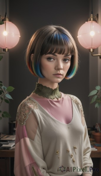 1girl,solo,breasts,looking at viewer,short hair,bangs,brown hair,shirt,black hair,long sleeves,brown eyes,closed mouth,blue hair,standing,white shirt,upper body,multicolored hair,small breasts,artist name,indoors,blunt bangs,two-tone hair,lips,see-through,book,clothing cutout,leaf,bob cut,plant,realistic,nose,light,lamp,shoulder cutout,choker,black eyes,pink shirt