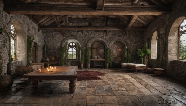 day,indoors,tree,no humans,window,chair,table,sunlight,fire,plant,scenery,wooden floor,stairs,door,tiles,potted plant,candle,tile floor,ruins,vines,pillar,arch,candlestand,chandelier,stone floor,fireplace,flower,fantasy,stone wall