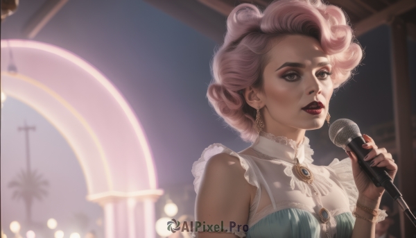 1girl,solo,looking at viewer,short hair,dress,holding,brown eyes,jewelry,upper body,pink hair,earrings,parted lips,sleeveless,artist name,dark skin,nail polish,mole,blurry,bracelet,dark-skinned female,lips,makeup,blurry background,lipstick,brooch,gem,microphone,curly hair,nose,palm tree,music,red lips,holding microphone,singing,idol,stage,stage lights,tree,no humans,realistic