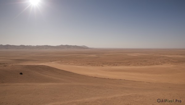 outdoors,sky,day,blue sky,no humans,beach,scenery,sunset,mountain,sand,horizon,landscape,desert,footprints,blurry,sunlight,motor vehicle,lens flare,sun