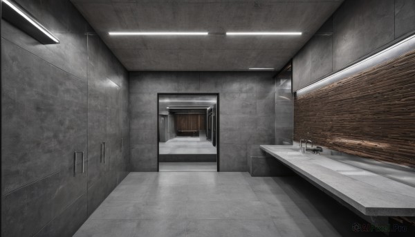 indoors,no humans,window,scenery,reflection,mirror,stairs,door,tiles,light,tile floor,bathroom,locker,ceiling,hallway,sink,ceiling light,faucet,cabinet,border,tile wall,horror (theme)