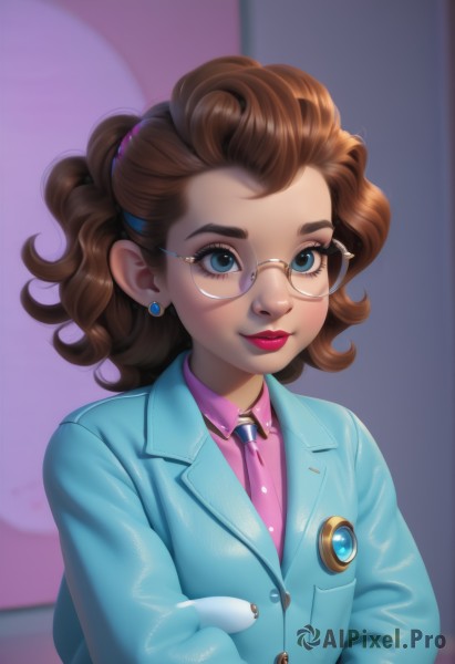 1girl,solo,long hair,looking at viewer,smile,blue eyes,brown hair,shirt,long sleeves,jewelry,closed mouth,jacket,upper body,ponytail,earrings,necktie,glasses,shiny,collared shirt,artist name,indoors,medium hair,blurry,lips,eyelashes,makeup,buttons,blurry background,shadow,formal,suit,wing collar,lipstick,blue jacket,curly hair,pocket,pink shirt,pink lips,nose,round eyewear,red lips,stud earrings,breast pocket,rimless eyewear,short hair,semi-rimless eyewear,pink necktie