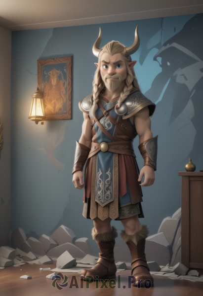 solo,long hair,looking at viewer,blue eyes,blonde hair,1boy,closed mouth,standing,full body,braid,male focus,boots,horns,pointy ears,belt,artist name,indoors,armor,twin braids,muscular,facial hair,brown footwear,sandals,thick eyebrows,muscular male,beard,clenched hands,rock,mature male,arms at sides,vambraces,lamp,bracer,fur trim,mustache