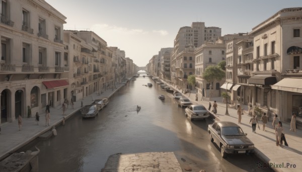 outdoors,multiple boys,sky,day,water,tree,no humans,ground vehicle,building,scenery,motor vehicle,6+boys,city,car,road,watercraft,house,bridge,street,river,boat,truck,real world location,multiple girls,6+girls,walking,cityscape,people