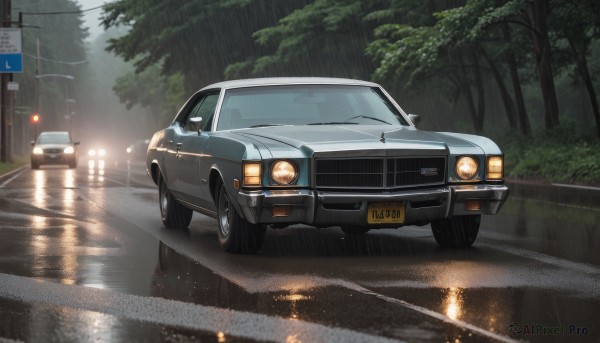 The serene presence of a motor vehicle in a lush rainy outdoors