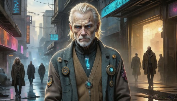 HQ,looking at viewer,short hair,blue eyes,blonde hair,1boy,closed mouth,standing,jacket,white hair,male focus,outdoors,multiple boys,open clothes,solo focus,pants,signature,vest,sweater,coat,facial hair,scar,ground vehicle,building,motor vehicle,beard,scar on face,reflection,walking,science fiction,rain,6+boys,city,sign,realistic,mustache,emblem,car,road,bald,old,badge,cyborg,old man,street,button badge,cyberpunk,neon lights,wrinkled skin,upper body,lips,scenery,serious,hands in pockets,crowd