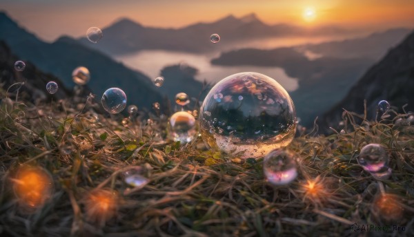 outdoors, sky, cloud, blurry, no humans, depth of field, grass, scenery, bubble, sunset, blurry foreground, mountain, sun