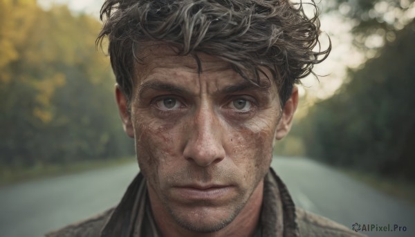 solo,looking at viewer,short hair,brown hair,black hair,1boy,closed mouth,male focus,outdoors,day,blurry,black eyes,grey eyes,depth of field,blurry background,facial hair,messy hair,portrait,beard,freckles,realistic,stubble,straight-on,shirt,jacket,lips,scar,expressionless,scar on face,close-up