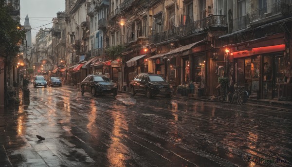 outdoors, sky, ground vehicle, building, scenery, motor vehicle, reflection, rain, city, sign, car, road, power lines, lamppost, street, puddle, pavement, vanishing point