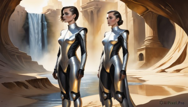 breasts,short hair,blue eyes,multiple girls,brown hair,black hair,2girls,jewelry,medium breasts,standing,earrings,small breasts,outdoors,water,hair bun,armor,lips,bodysuit,single hair bun,skin tight,dual persona,arms at sides,waterfall,gloves,fingerless gloves,science fiction,sand,ruins