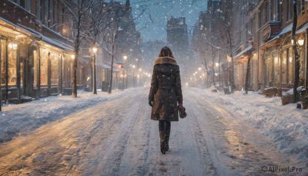 1girl, solo, black hair, long sleeves, holding, standing, pantyhose, boots, outdoors, sky, hood, bag, from behind, black footwear, tree, coat, fur trim, dutch angle, night, hood down, building, scenery, snow, walking, black coat, snowing, city, winter clothes, road, holding bag, winter, lamppost, bare tree, street, hooded coat, winter coat