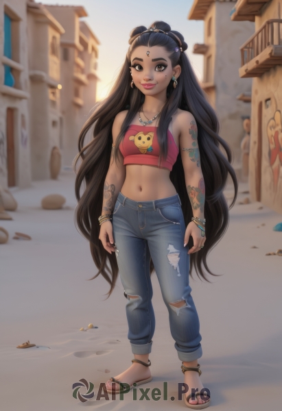 1girl,solo,long hair,breasts,looking at viewer,smile,brown hair,shirt,black hair,navel,bare shoulders,brown eyes,jewelry,medium breasts,very long hair,standing,collarbone,full body,earrings,small breasts,outdoors,sleeveless,day,midriff,pants,dark skin,necklace,hair bun,nail polish,mole,blurry,bracelet,dark-skinned female,lips,crop top,torn clothes,strapless,tattoo,makeup,toes,blurry background,watermark,piercing,sandals,ring,tank top,denim,casual,building,forehead,pendant,eyeshadow,toenails,jeans,contemporary,sand,anklet,arms at sides,toenail polish,tube top,arm tattoo,shoulder tattoo,torn pants,capri pants,thumb ring,torn jeans,hair ornament,facial mark,sunlight,thick eyebrows,tiara,lipstick,animal print,forehead jewel,flip-flops