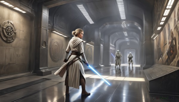 1girl,short hair,blonde hair,gloves,holding,weapon,boots,multiple boys,sword,indoors,hood,2boys,hair bun,cape,holding weapon,armor,holding sword,single hair bun,reflection,science fiction,animification,energy sword,hallway,reflective floor,lightsaber,from behind,helmet,robot,scenery,cloak,robe,realistic,spacecraft