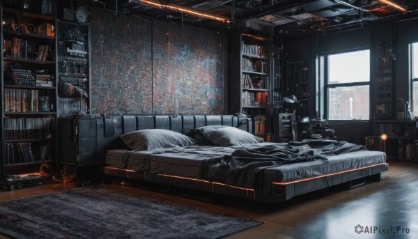 indoors,cup,pillow,book,no humans,window,bed,night,chair,table,bottle,scenery,couch,wooden floor,blanket,clock,bookshelf,lamp,bedroom,shelf,carpet,solo,bed sheet,on bed,rain,alarm clock,rug,reflective floor